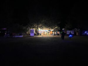 Distant view of illuminated theme camp glowing warmly under trees at night festival
